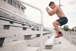 Conditioning training on stadium stairs_Shopify sportswear store_