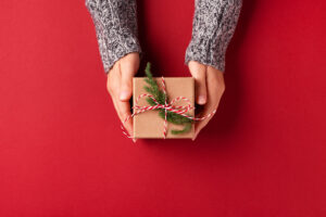 Hands holding Christmas gift box.