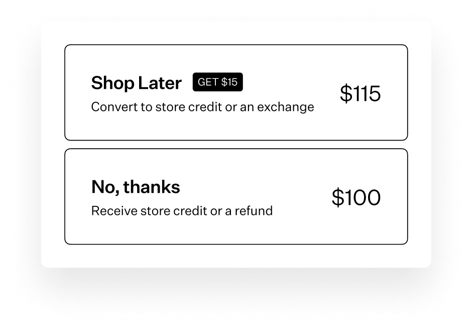 Image depicts the option to Shop Later with extra bonus credit, where shoppers could come back to shop the full catalog for an exchange.